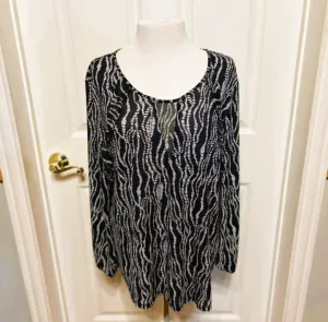 Cato Printed Ruffle Navy White Long Sleeve Blouse - Large