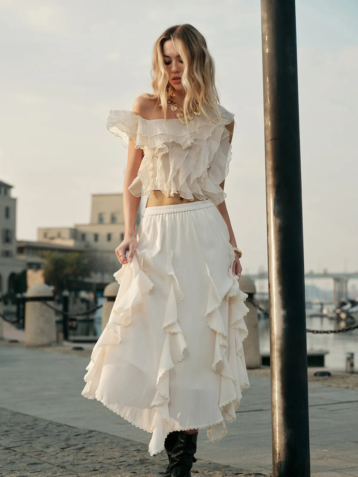 Chiffon One-Shoulder Ruffle Top