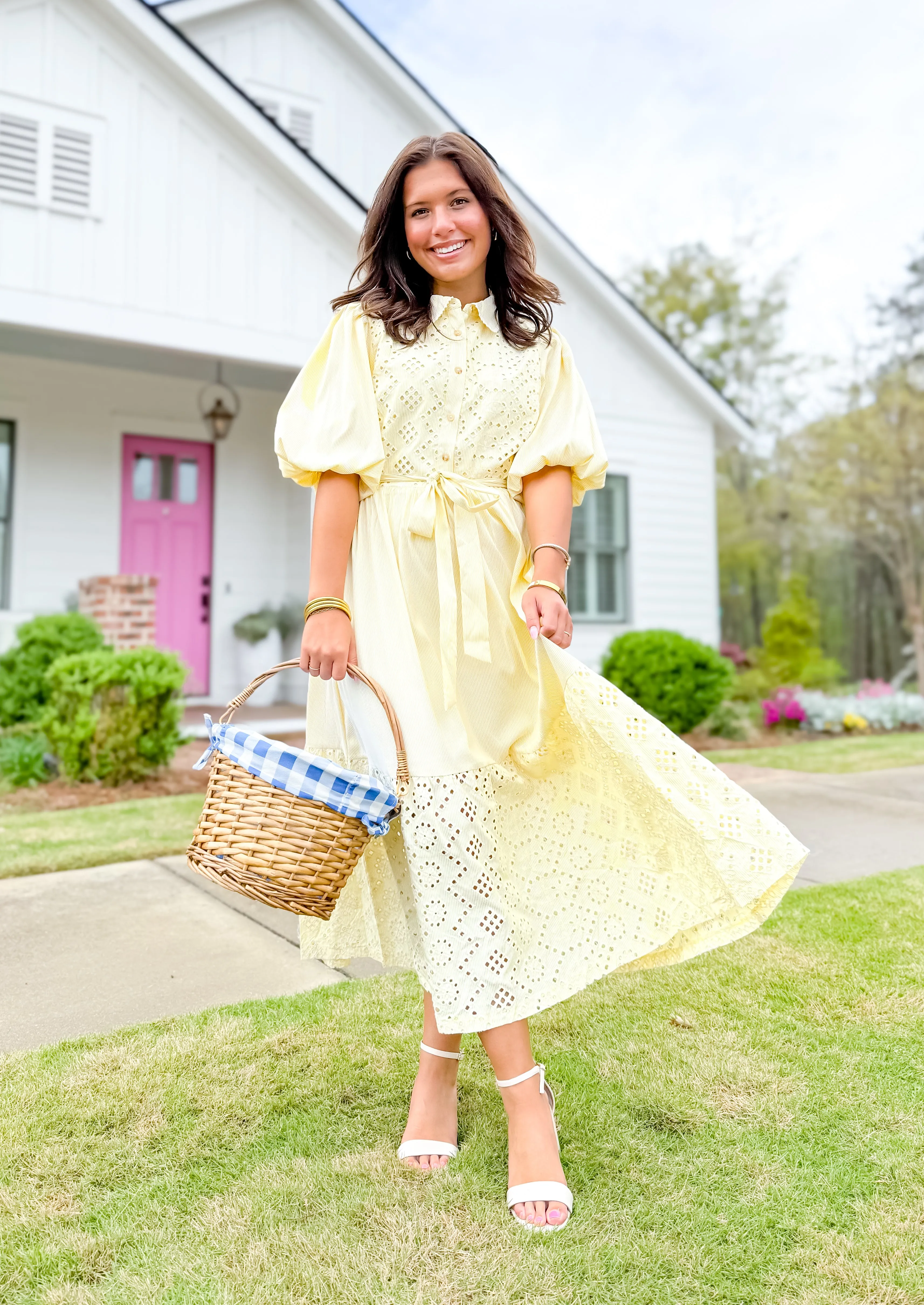 Citrus Glow Eyelet Button Down Midi Dress