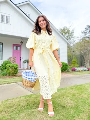 Citrus Glow Eyelet Button Down Midi Dress