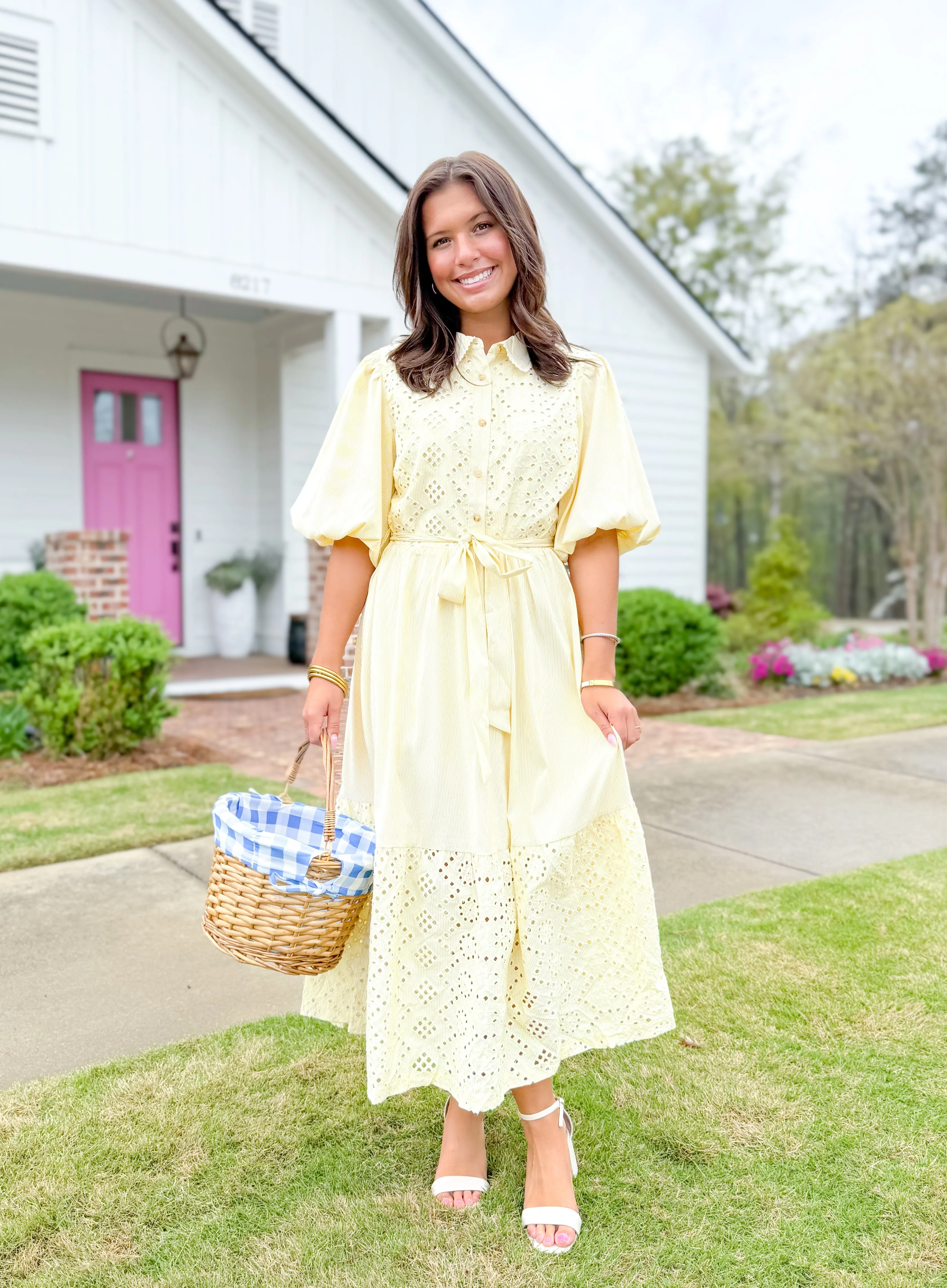 Citrus Glow Eyelet Button Down Midi Dress