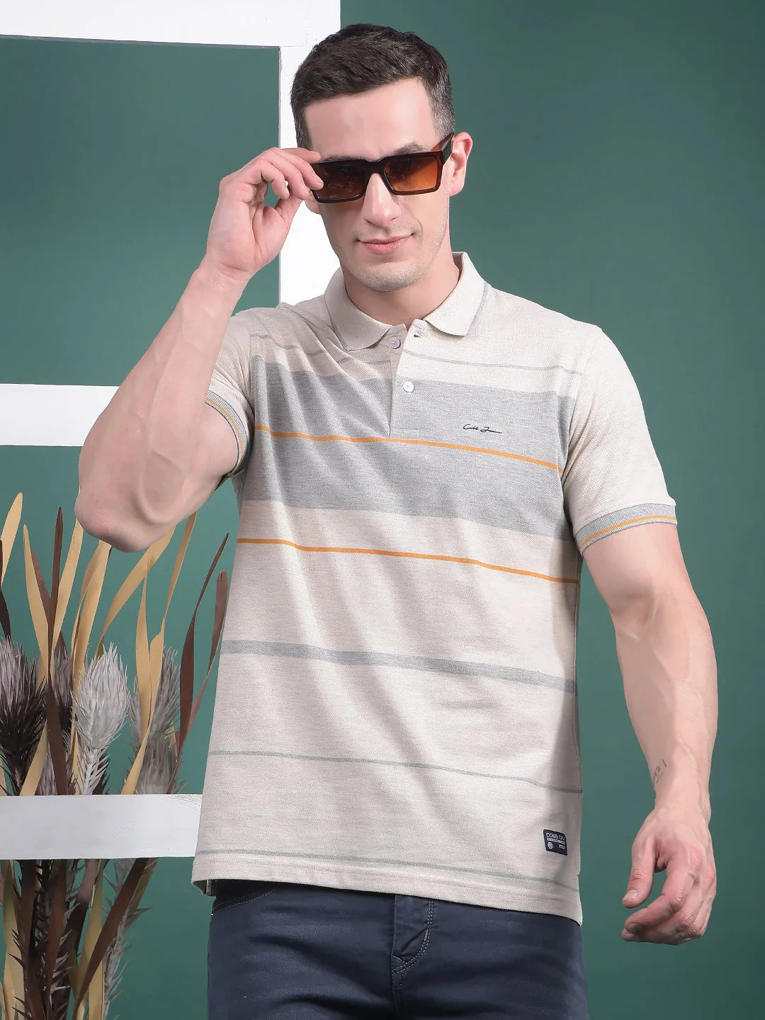 COBB BEIGE STRIPED POLO NECK T-SHIRT
