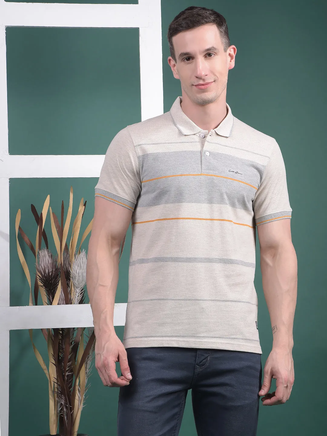 COBB BEIGE STRIPED POLO NECK T-SHIRT
