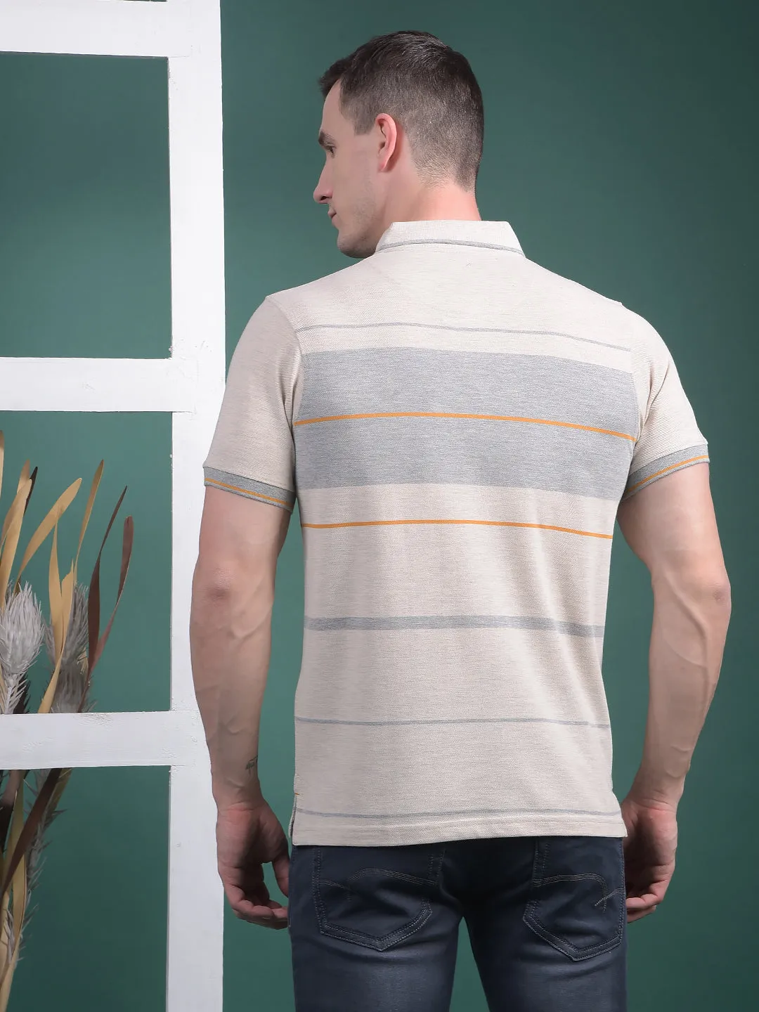 COBB BEIGE STRIPED POLO NECK T-SHIRT