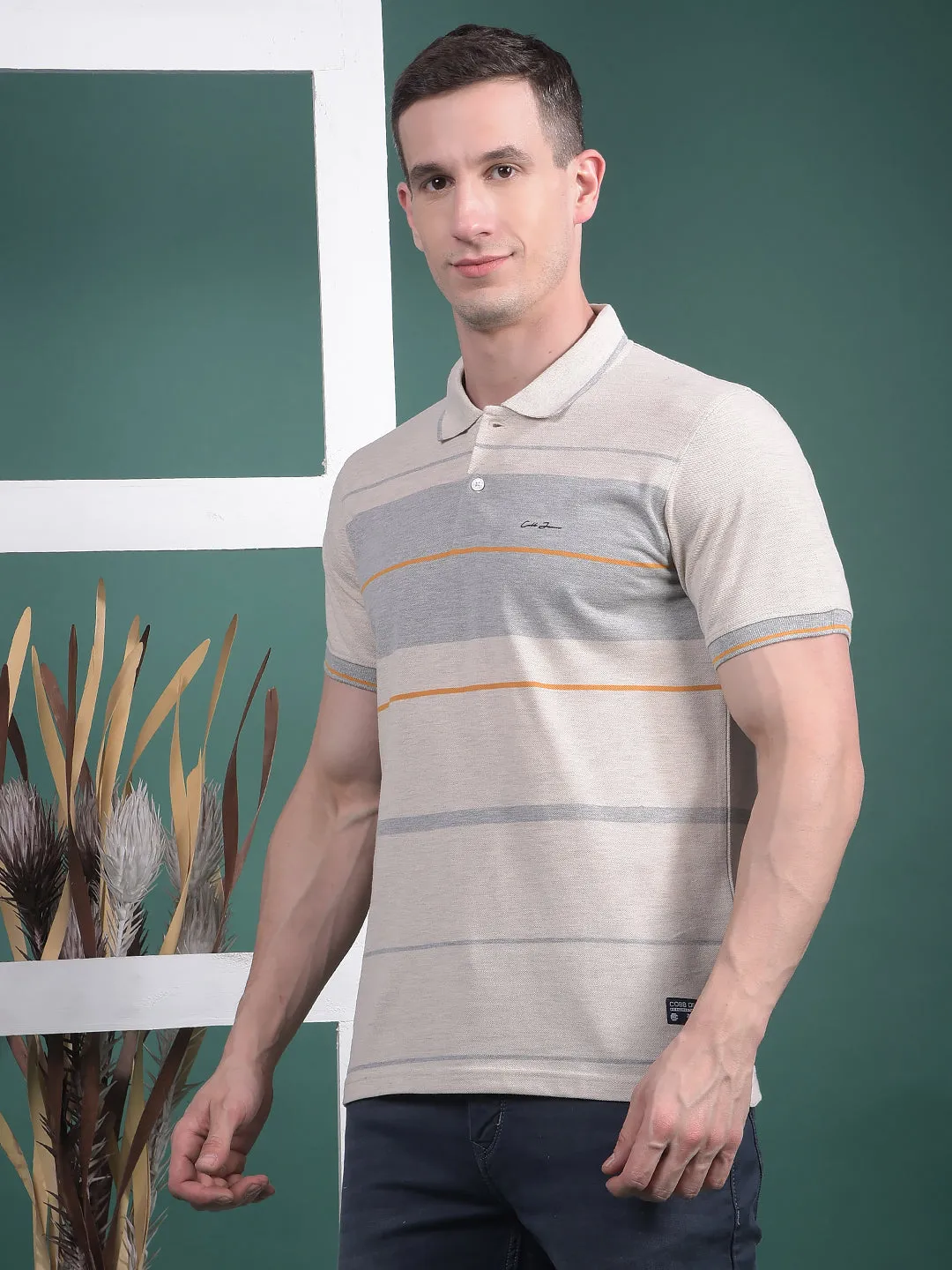 COBB BEIGE STRIPED POLO NECK T-SHIRT