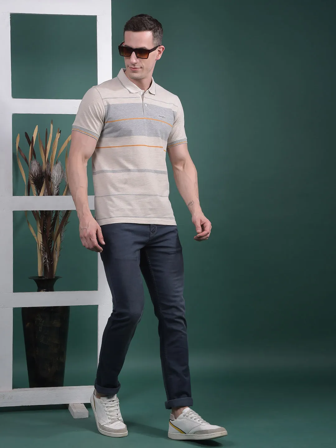 COBB BEIGE STRIPED POLO NECK T-SHIRT