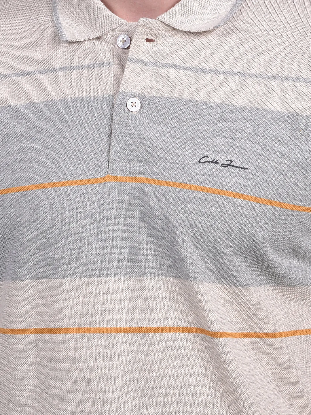 COBB BEIGE STRIPED POLO NECK T-SHIRT