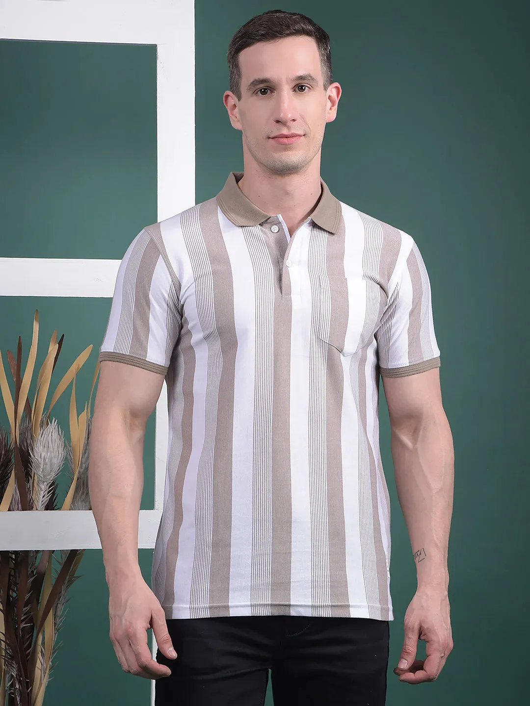 COBB BROWN WHITE STRIPED POLO NECK T-SHIRT