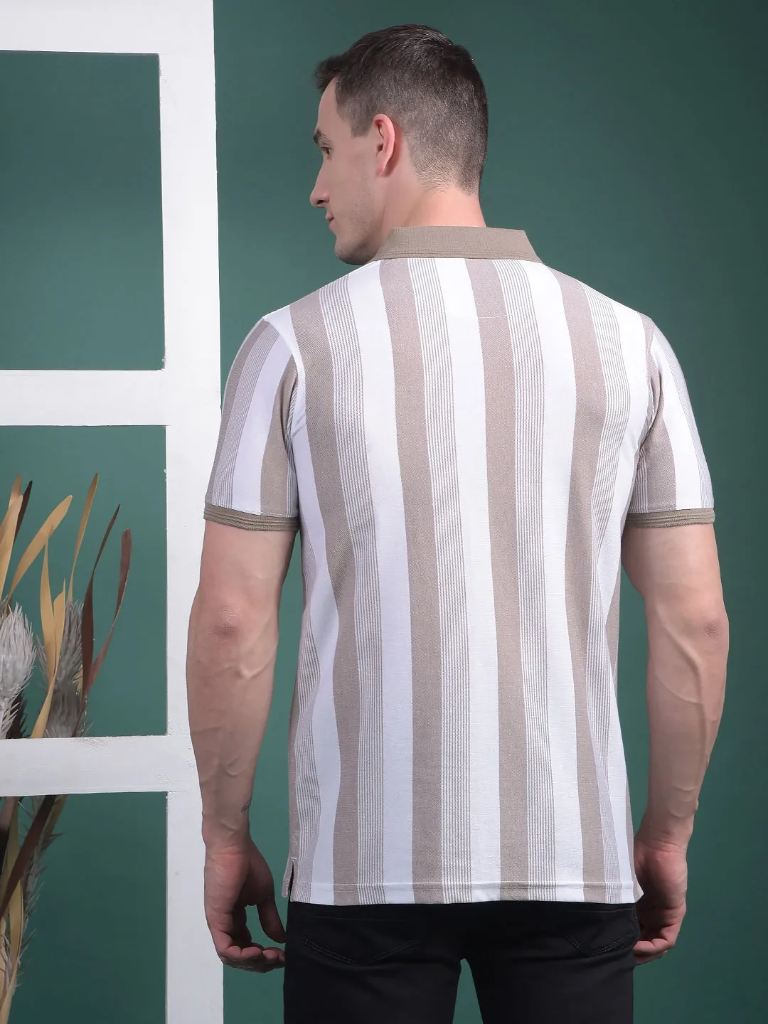 COBB BROWN WHITE STRIPED POLO NECK T-SHIRT