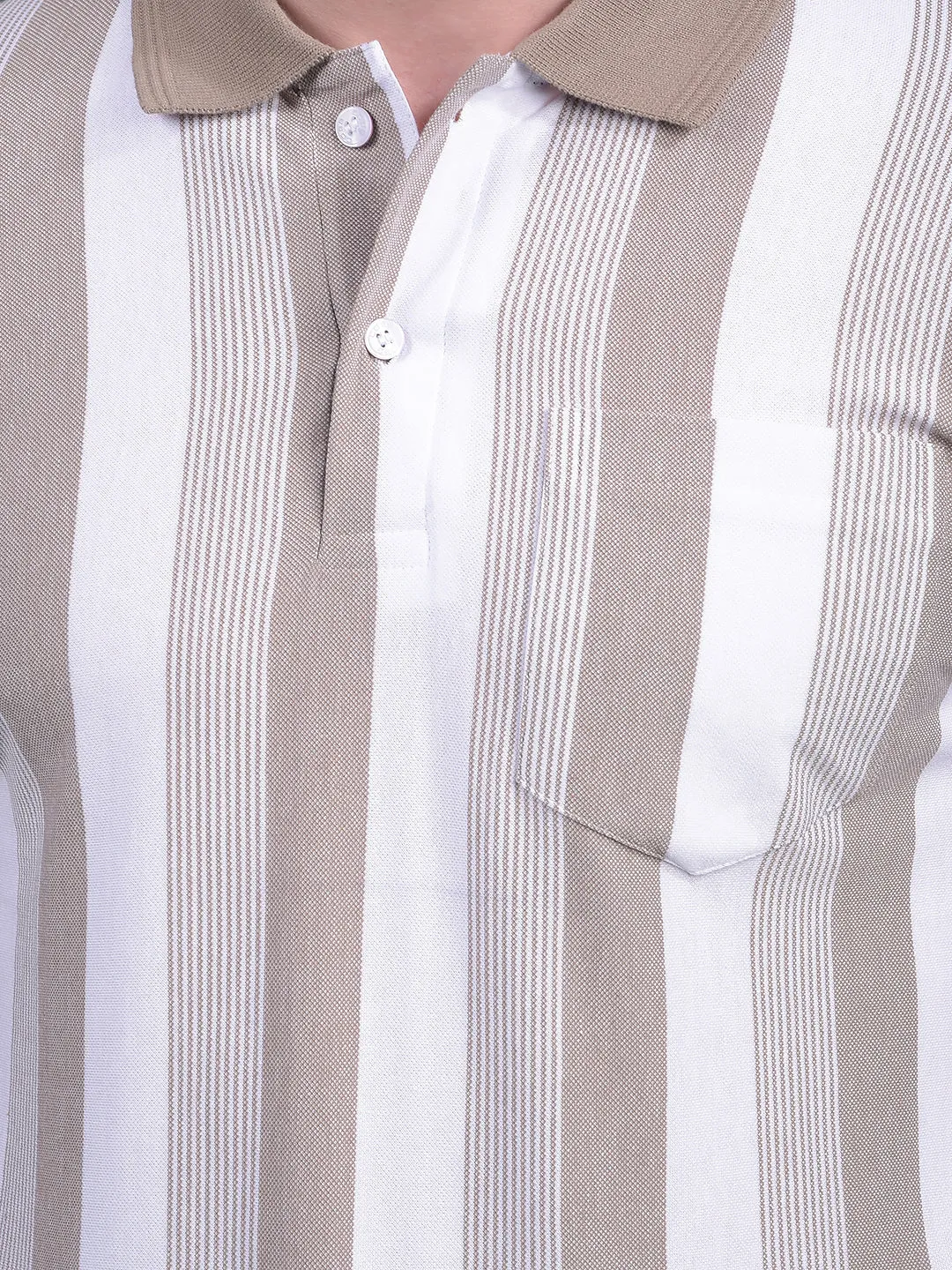 COBB BROWN WHITE STRIPED POLO NECK T-SHIRT