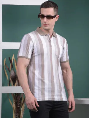 COBB BROWN WHITE STRIPED POLO NECK T-SHIRT