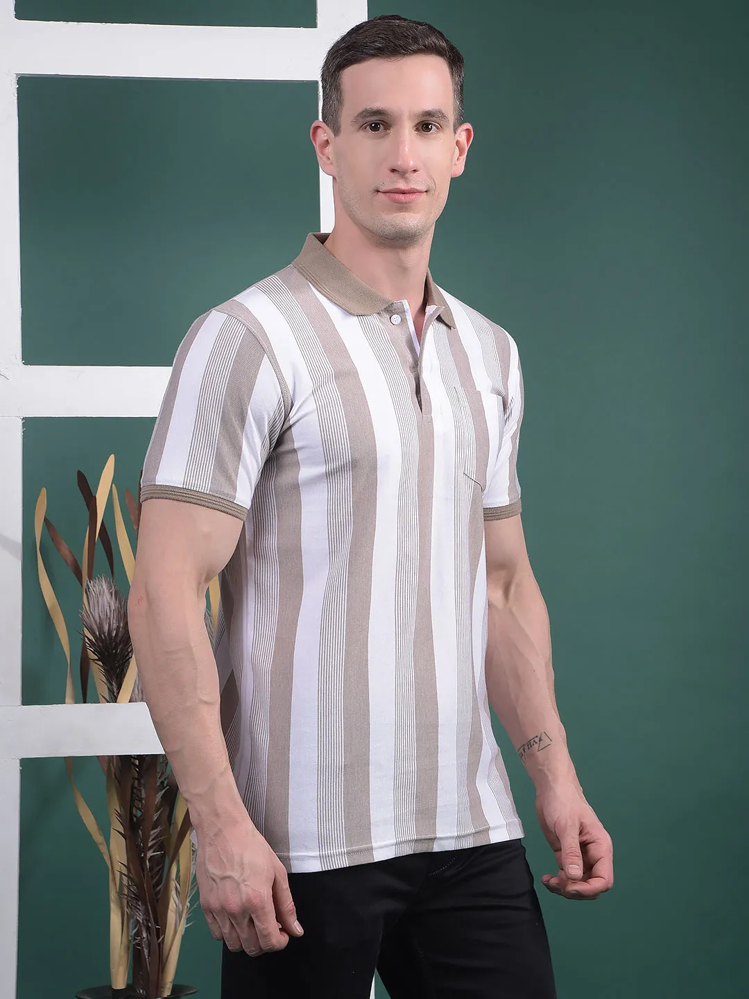 COBB BROWN WHITE STRIPED POLO NECK T-SHIRT