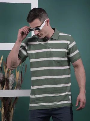 COBB GREEN STRIPED POLO NECK T-SHIRT