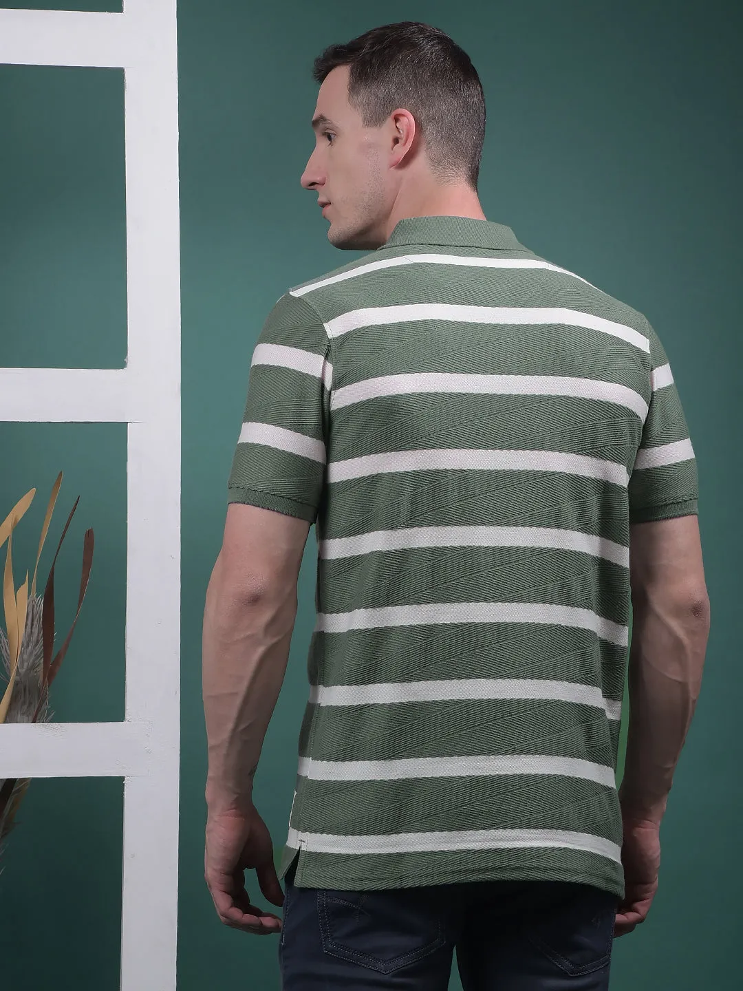 COBB GREEN STRIPED POLO NECK T-SHIRT