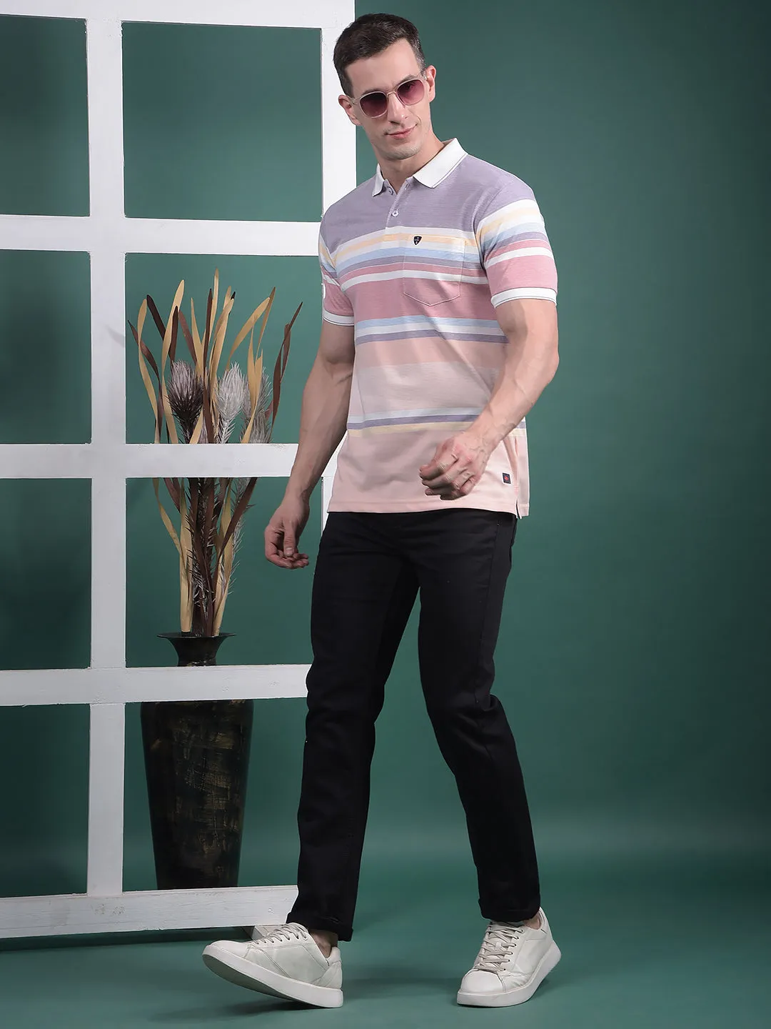 COBB MULTICOLOR STRIPED POLO NECK T-SHIRT