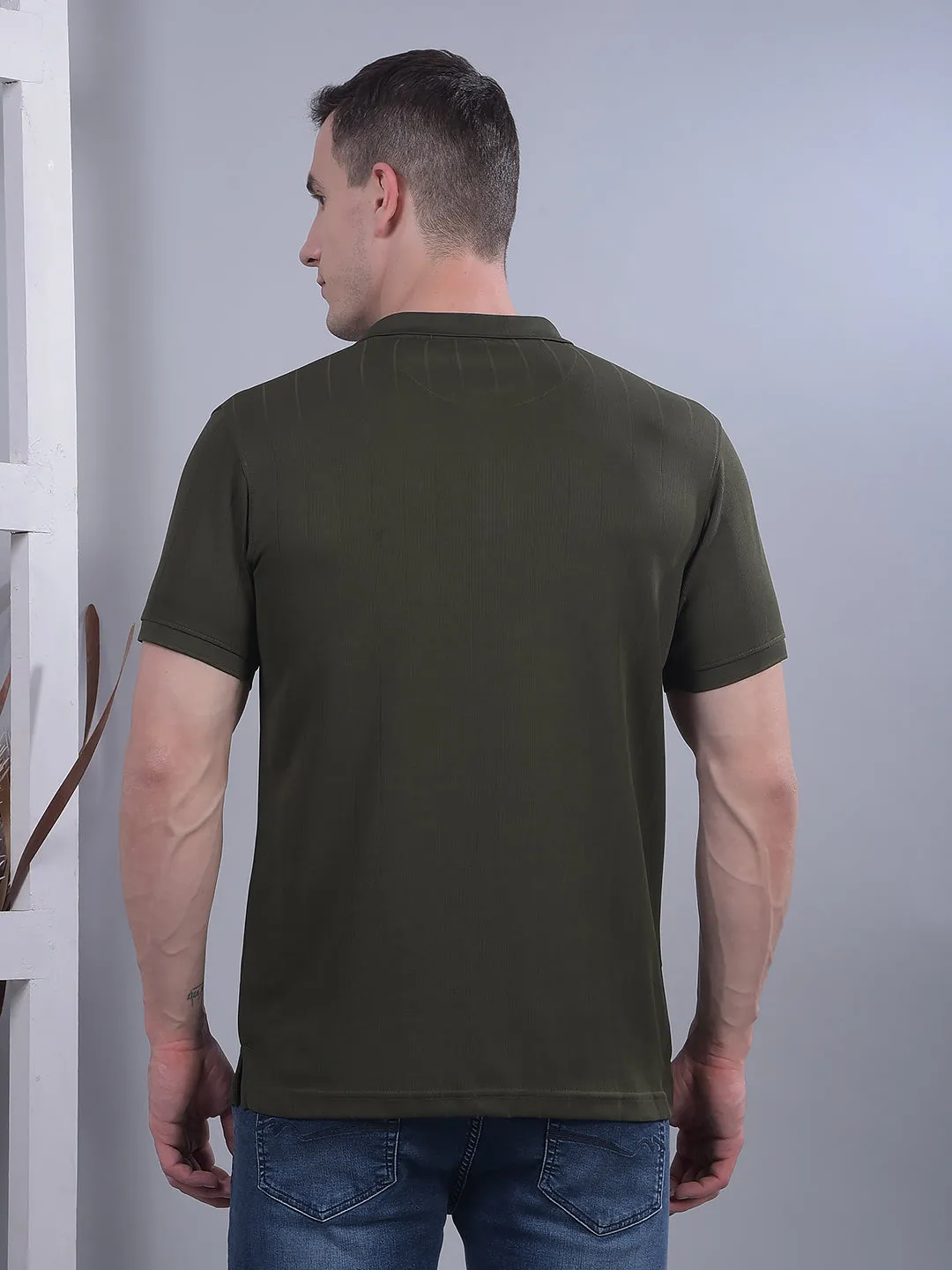 COBB OLIVE STRIPED POLO NECK T-SHIRT
