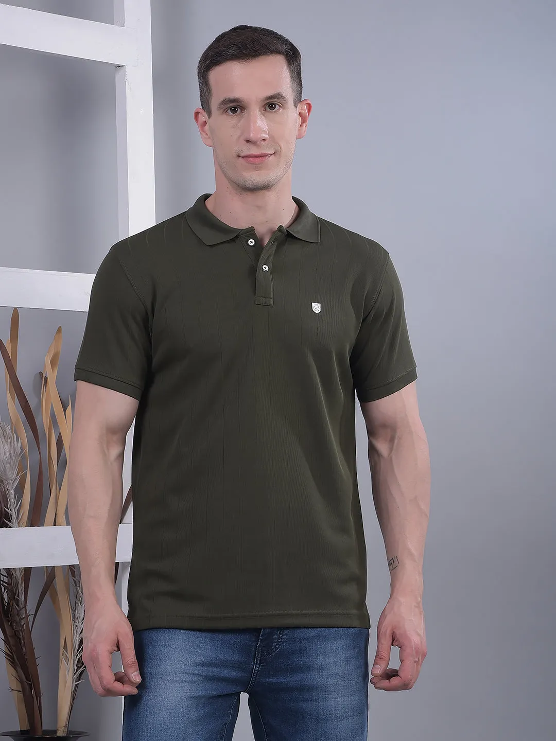 COBB OLIVE STRIPED POLO NECK T-SHIRT