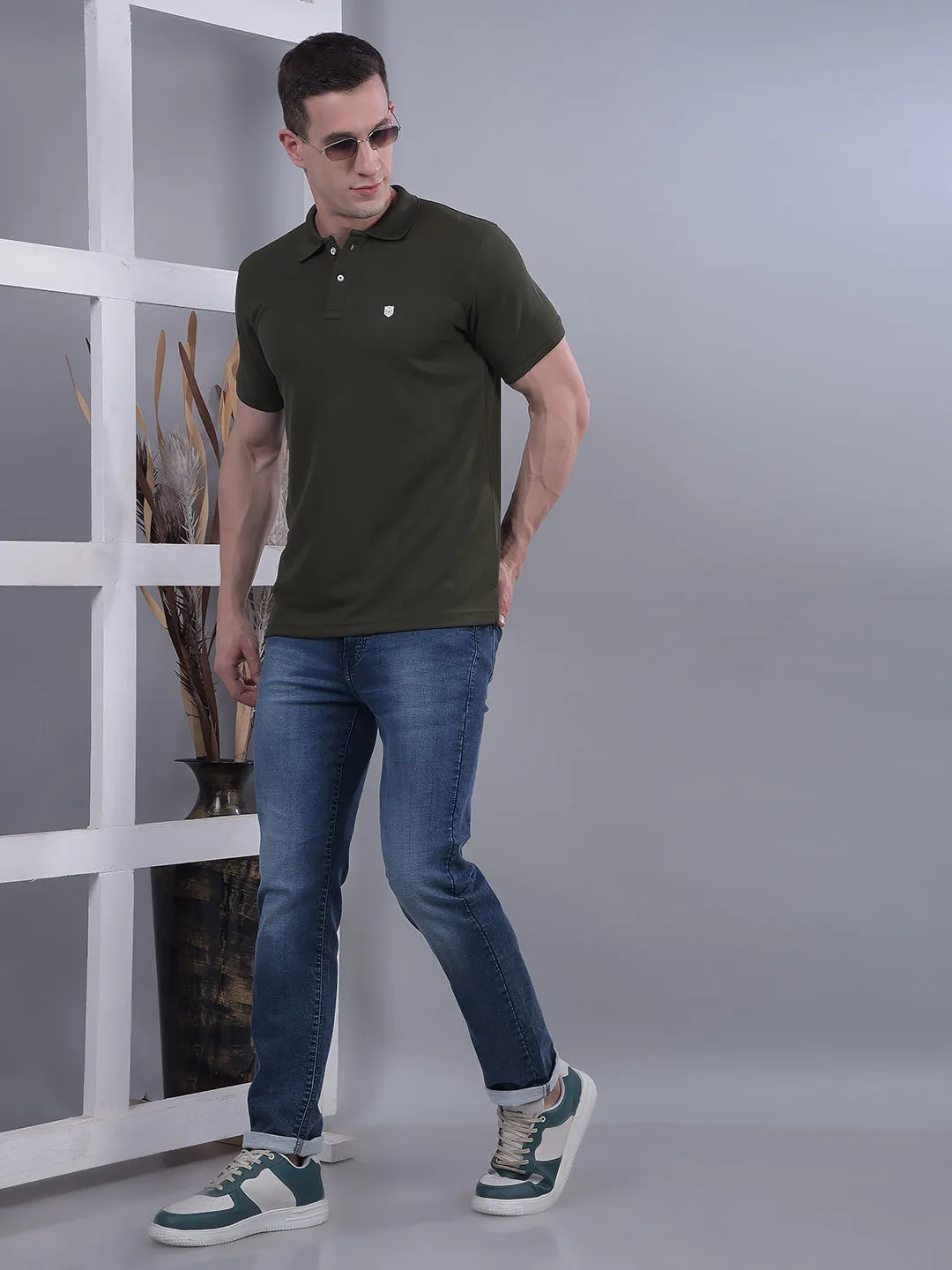 COBB OLIVE STRIPED POLO NECK T-SHIRT