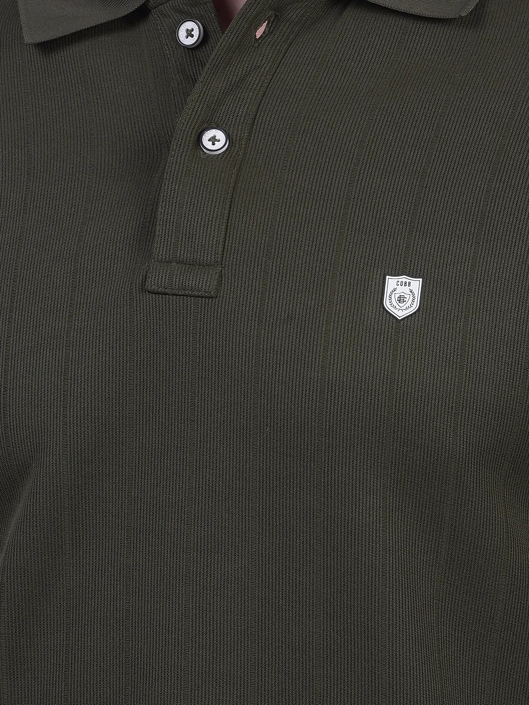COBB OLIVE STRIPED POLO NECK T-SHIRT
