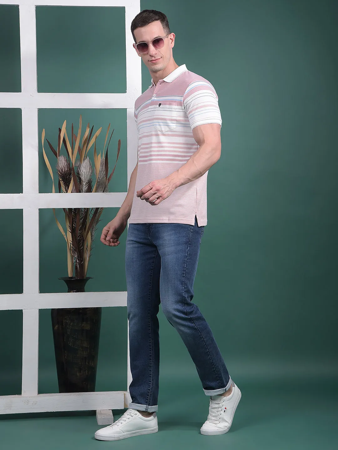 COBB PASTEL RED STRIPED POLO NECK T-SHIRT