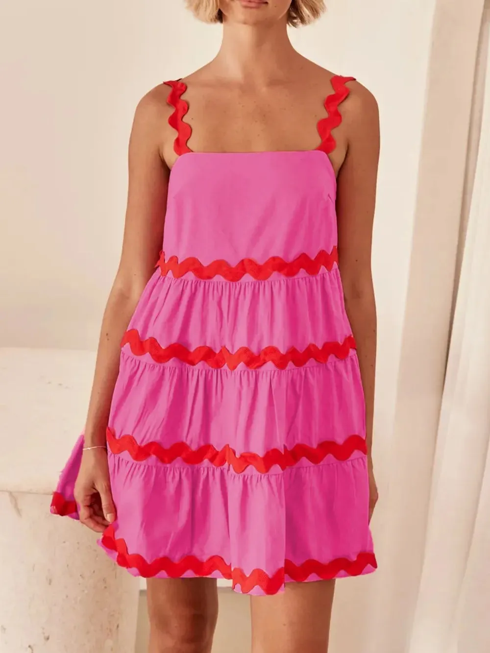 Contrast Trim Square Neck Tiered Dress