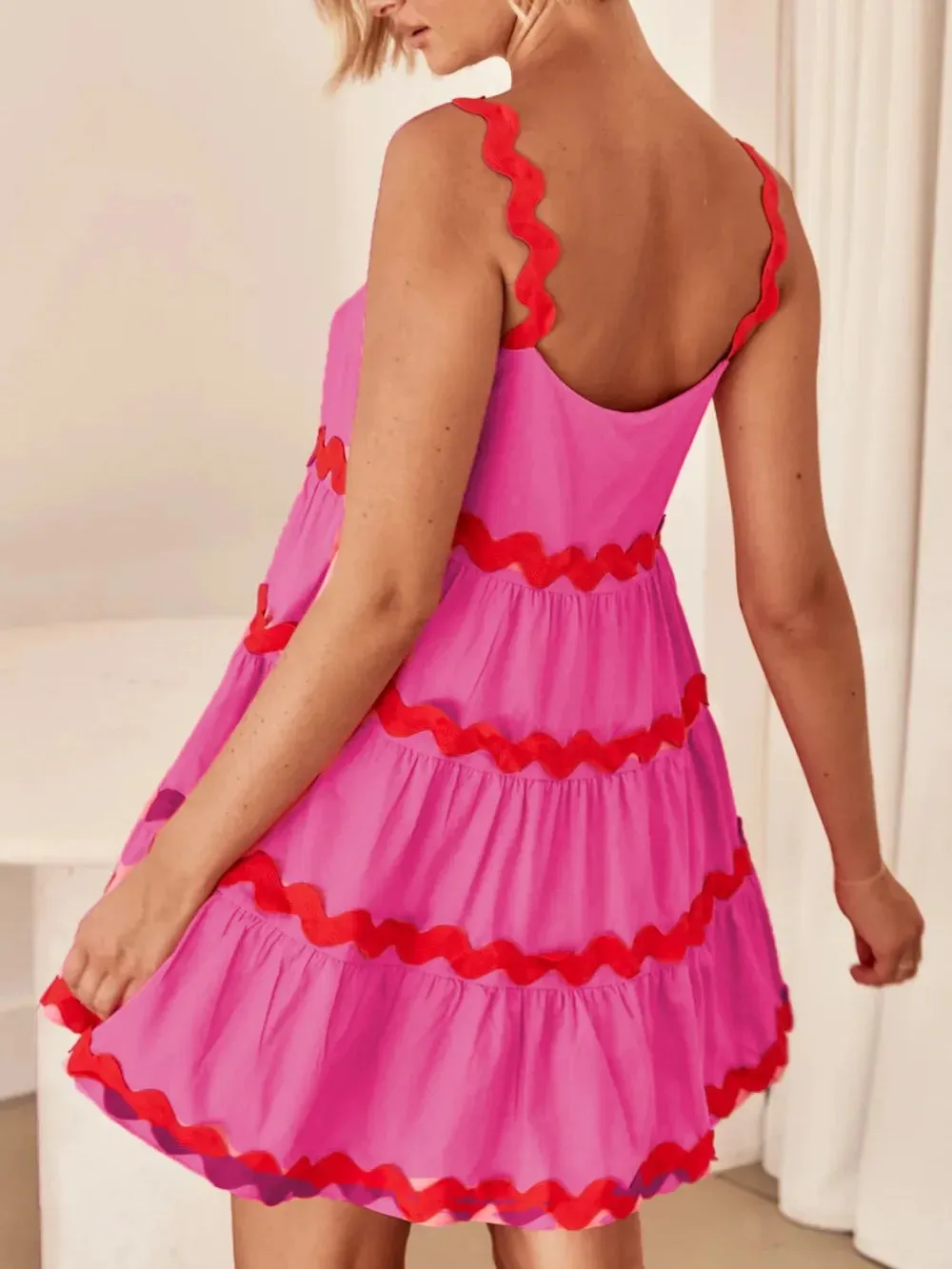Contrast Trim Square Neck Tiered Dress