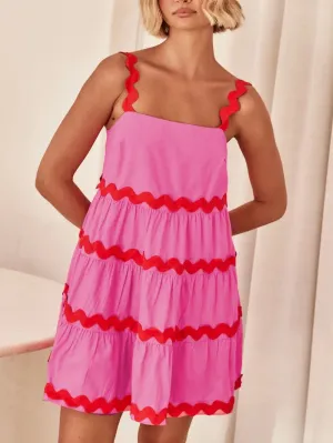 Contrast Trim Square Neck Tiered Dress