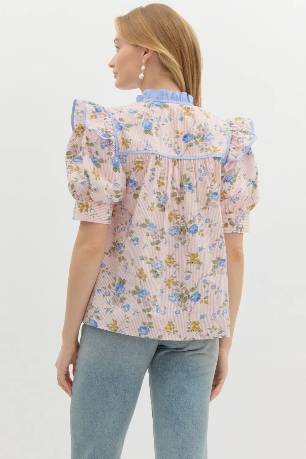 Coral Striped Floral Blouse