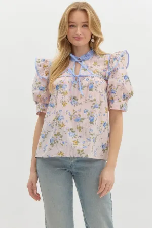 Coral Striped Floral Blouse