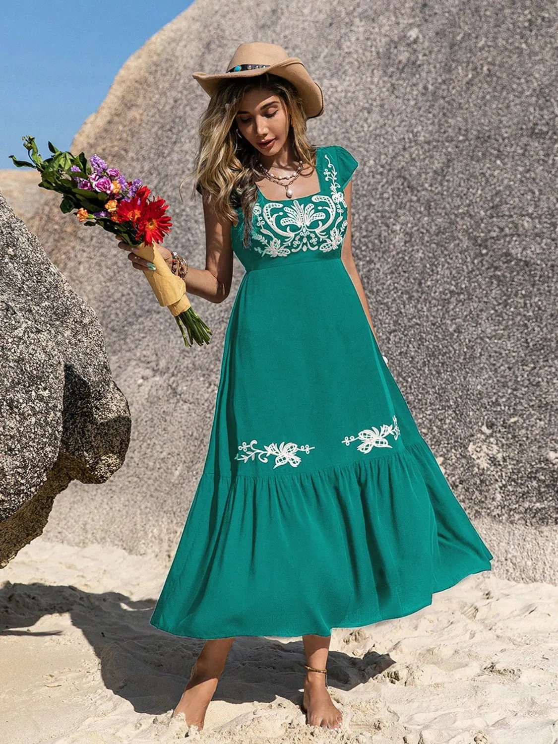 Courtney Embroidered Square Neck Cap Sleeve Dress