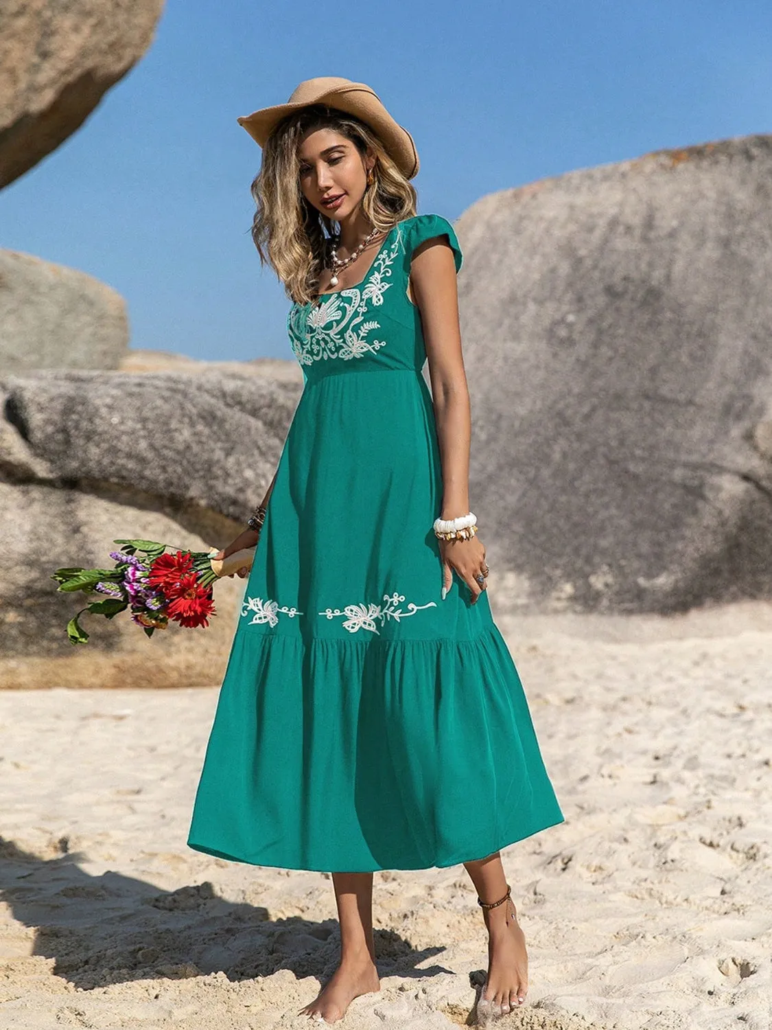 Courtney Embroidered Square Neck Cap Sleeve Dress