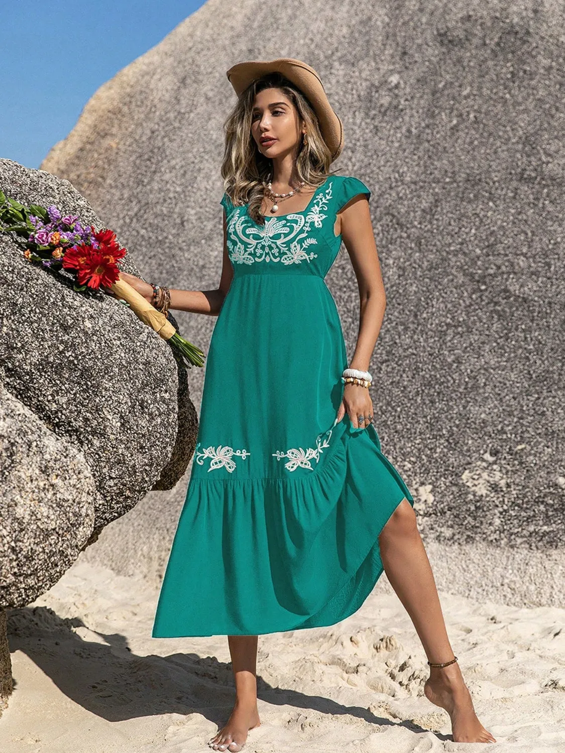Courtney Embroidered Square Neck Cap Sleeve Dress