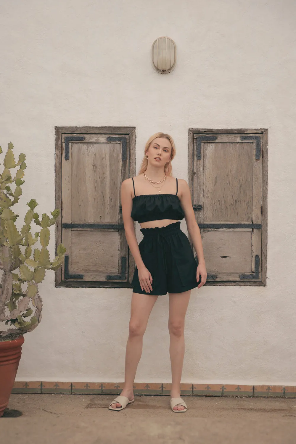 CRETE SET Two Piece Paperbag Trouser Shorts with Front Pockets and Gathered Crop Top (Black Linen)