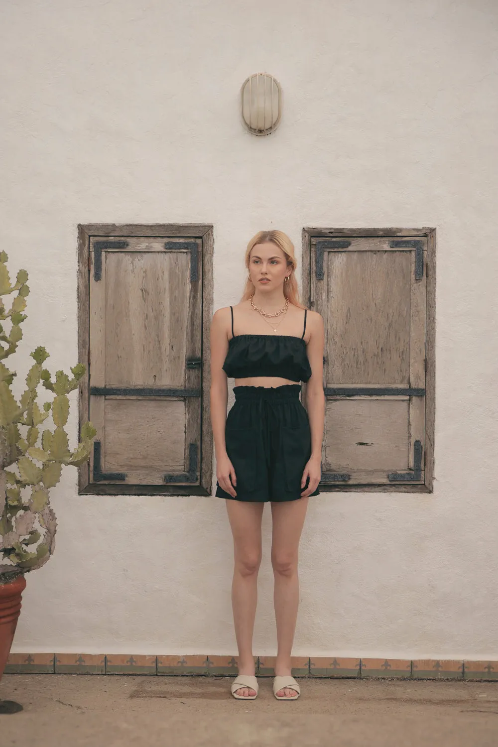 CRETE SET Two Piece Paperbag Trouser Shorts with Front Pockets and Gathered Crop Top (Black Linen)