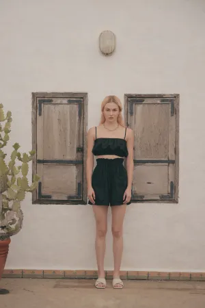 CRETE SET Two Piece Paperbag Trouser Shorts with Front Pockets and Gathered Crop Top (Black Linen)