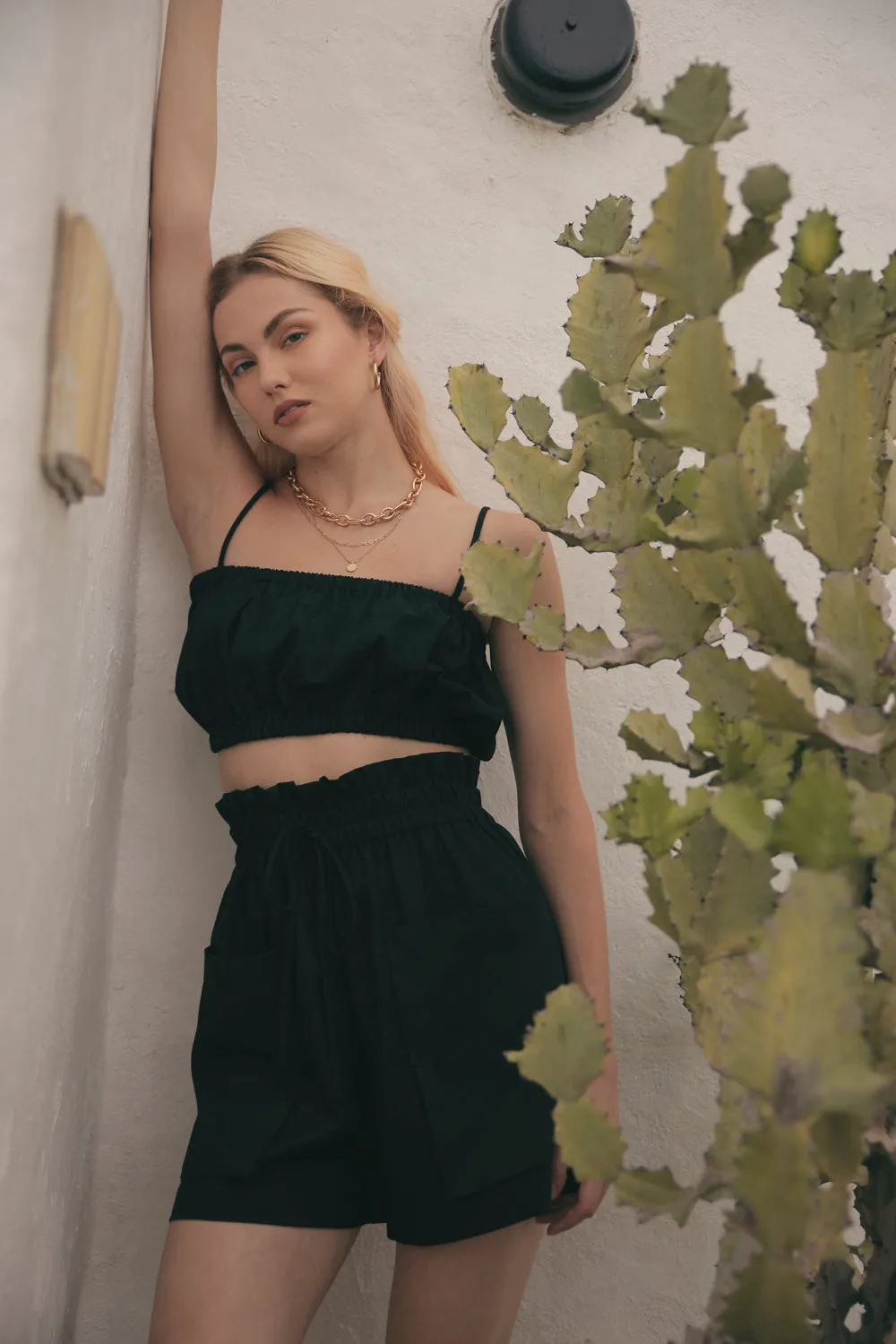 CRETE SET Two Piece Paperbag Trouser Shorts with Front Pockets and Gathered Crop Top (Black Linen)
