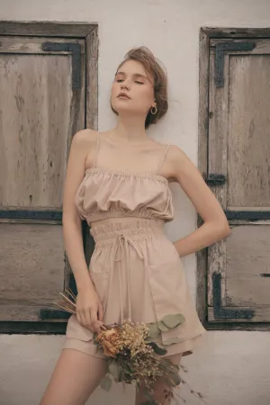 CRETE SET Two Piece Paperbag Trouser Shorts with Front Pockets and Gathered Crop Top (Nude Linen)