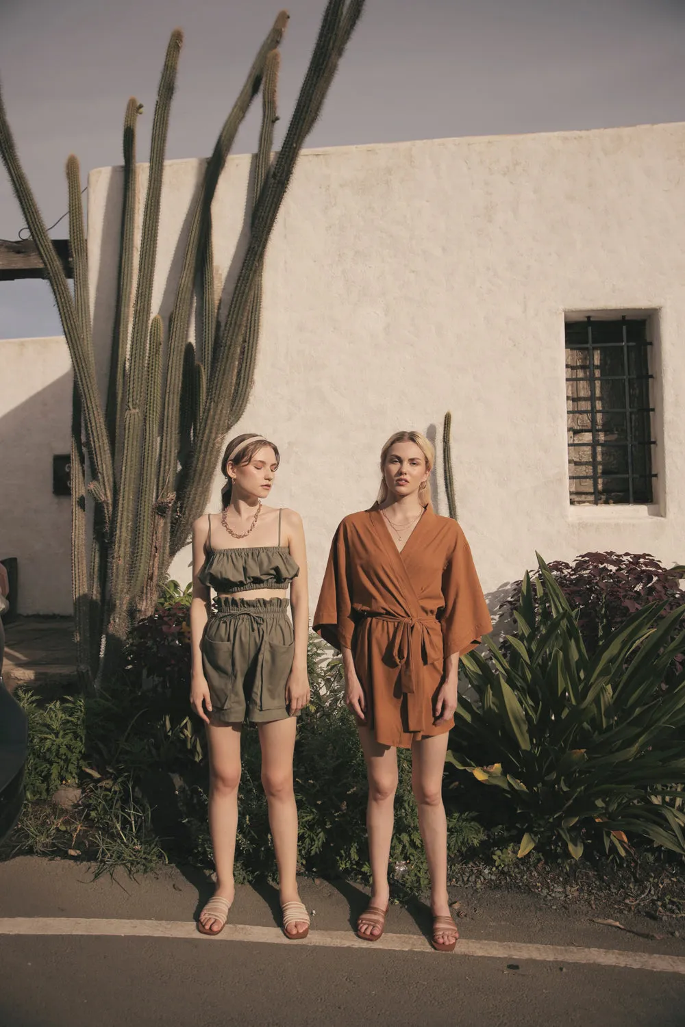 CRETE SET Two Piece Paperbag Trouser Shorts with Front Pockets and Gathered Crop Top (Olive Linen)