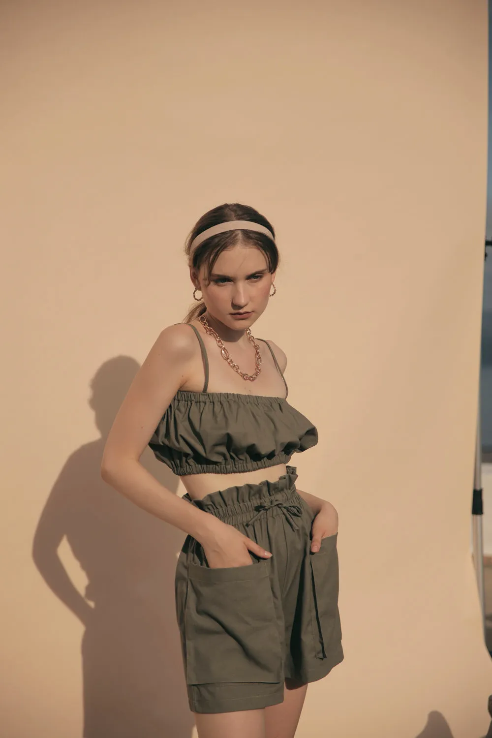 CRETE SET Two Piece Paperbag Trouser Shorts with Front Pockets and Gathered Crop Top (Olive Linen)