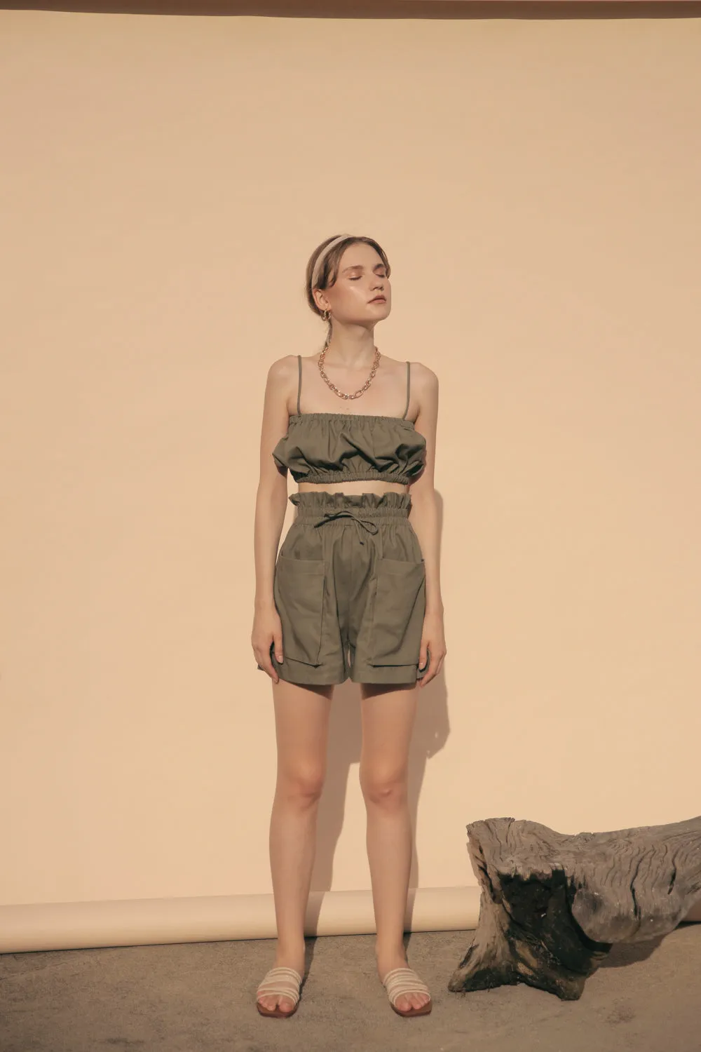 CRETE SET Two Piece Paperbag Trouser Shorts with Front Pockets and Gathered Crop Top (Olive Linen)