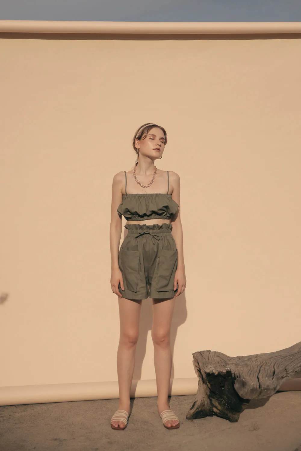 CRETE SET Two Piece Paperbag Trouser Shorts with Front Pockets and Gathered Crop Top (Olive Linen)