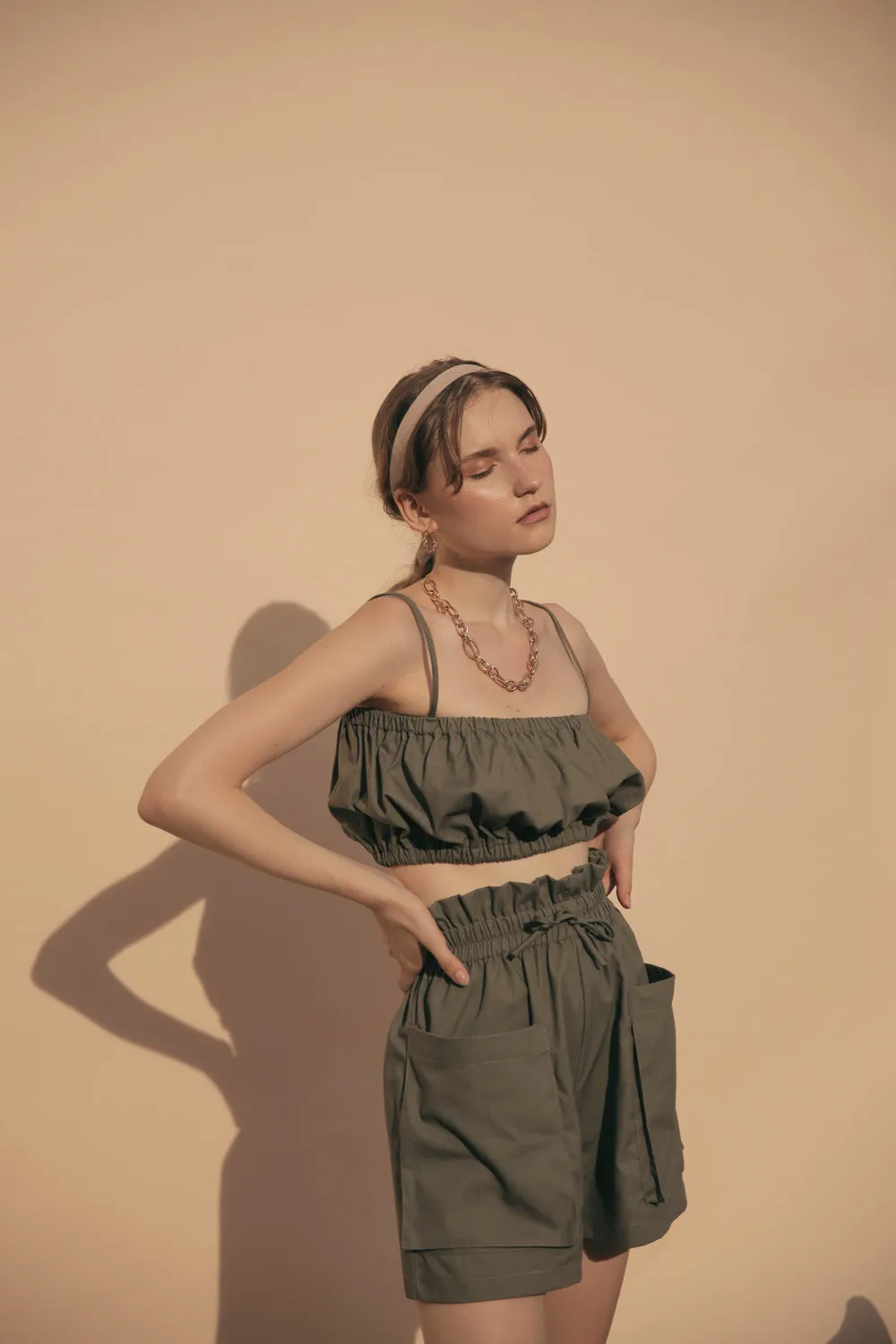 CRETE SET Two Piece Paperbag Trouser Shorts with Front Pockets and Gathered Crop Top (Olive Linen)