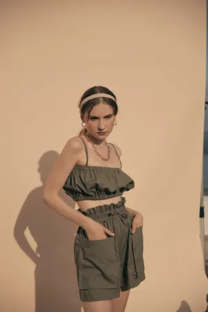 CRETE SET Two Piece Paperbag Trouser Shorts with Front Pockets and Gathered Crop Top (Olive Linen)