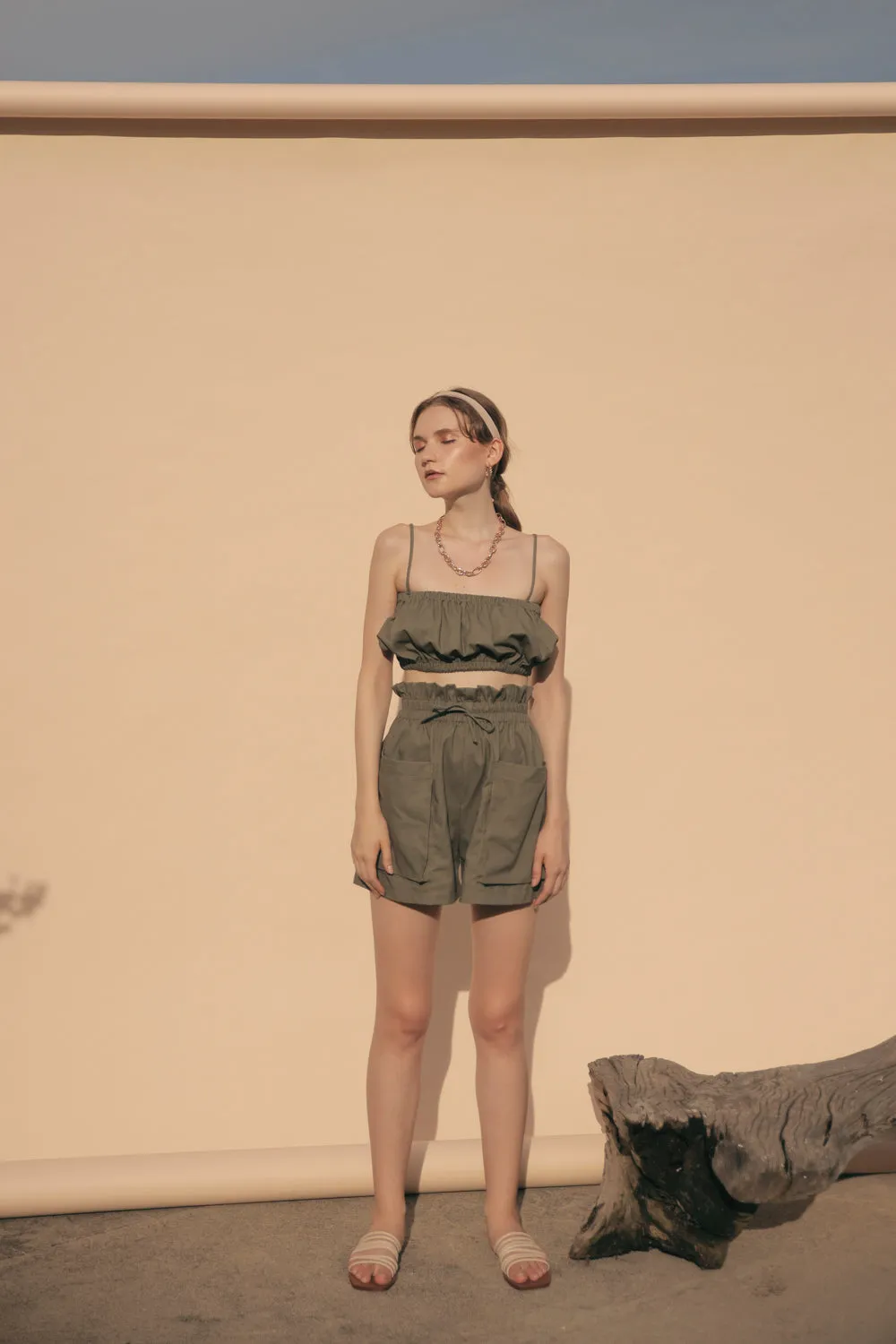 CRETE SET Two Piece Paperbag Trouser Shorts with Front Pockets and Gathered Crop Top (Olive Linen)