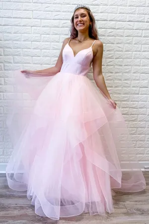 Cute V Neck Fluffy Pink Long Prom Dress, Pink Formal Graduation Evening Dress, Fluffy Ball Gown