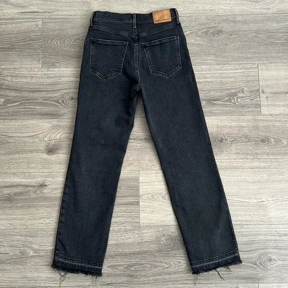 DENIM FORUM The Arlo High Rise Straight Jeans Sz 25 Faded Black Frayed Hem 90s