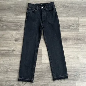 DENIM FORUM The Arlo High Rise Straight Jeans Sz 25 Faded Black Frayed Hem 90s