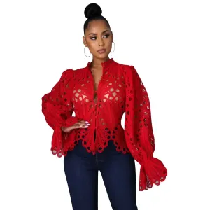 Desire Lace Cutout Ruffle Sleeve Button-Up Blouse