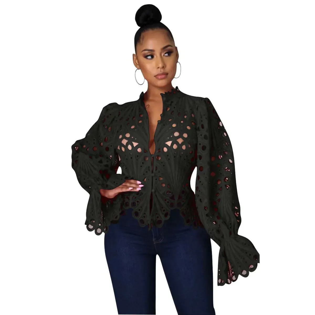 Desire Lace Cutout Ruffle Sleeve Button-Up Blouse