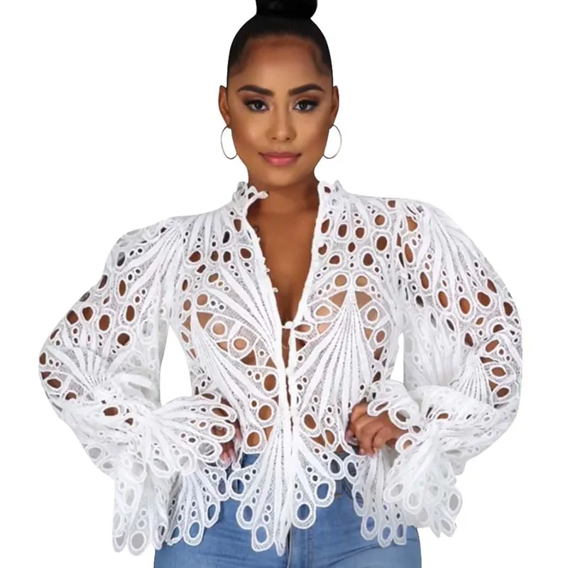 Desire Lace Cutout Ruffle Sleeve Button-Up Blouse